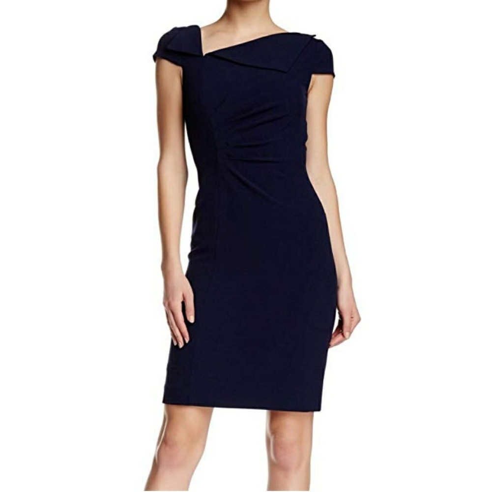 Tahari Cap Sleeve Asymetrical Neck Sheeth Dress